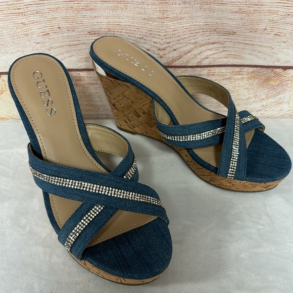 Guess Eieny medium blue denim fabric criss-cross rhinestone cork wedge shoes - Picture 3 of 5
